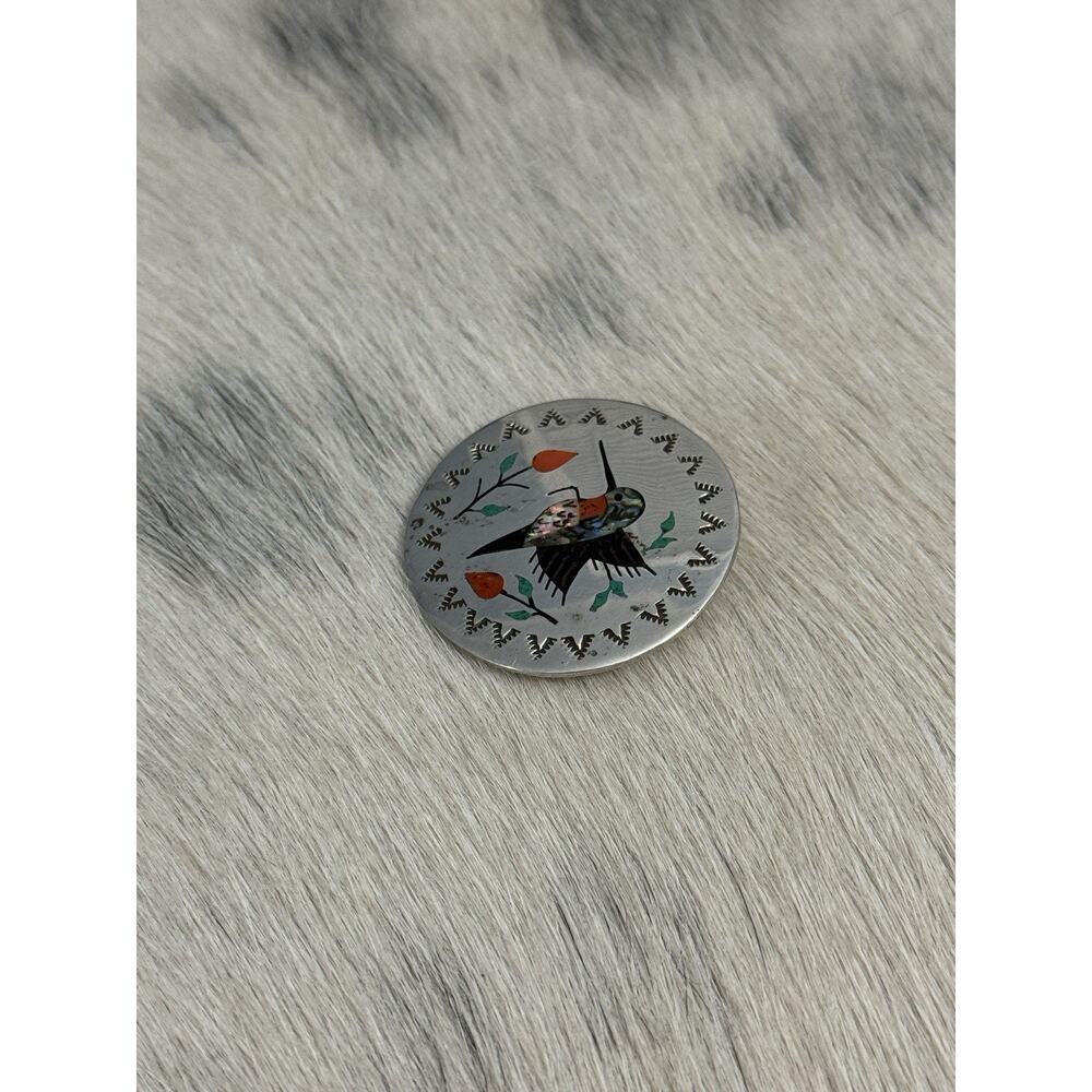 Native American Sterling Silver BOYD Turquoise Coral Opal HummingBird Pendant - Picture 4 of 10